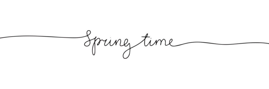 Spring time one line continuous text banner. Handwriting spring text banner. Short phrase about spring. Vector illustration.