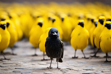 Pájaro negro rodeado por muchos pájaros amarillos. El único entre todos. - obrazy, fototapety, plakaty