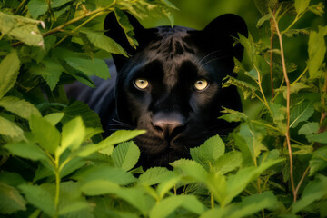 Pantera negra entre las plantas de la jungla.