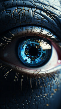 Ojo cibern&eacute;tico de mujer visto de cerca. Implantes inteligentes.