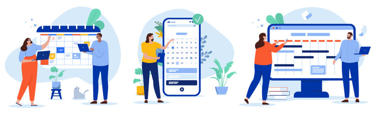 Project management illustration collection - Set of vectors with business people managing work time and schedule for upcoming work tasks. Flat design with white background