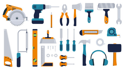 Carpentry and construction tools vector set in blue and yellow colours. Various hammer, saw, pliers, nails, spirit level, paintbrush and more. Flat design collection on white background - obrazy, fototapety, plakaty