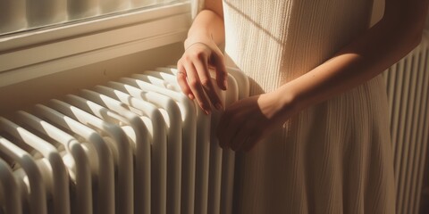 A Woman Finds Comfort by Holding Her Hands on a Radiator, Reflecting on the Balance Between Seasonal Coziness, Energy Prices, and Efficient Heating During the Winter Heating Season