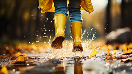 A tyke in yellow wellies sprang over a pool during the shower. - obrazy, fototapety, plakaty