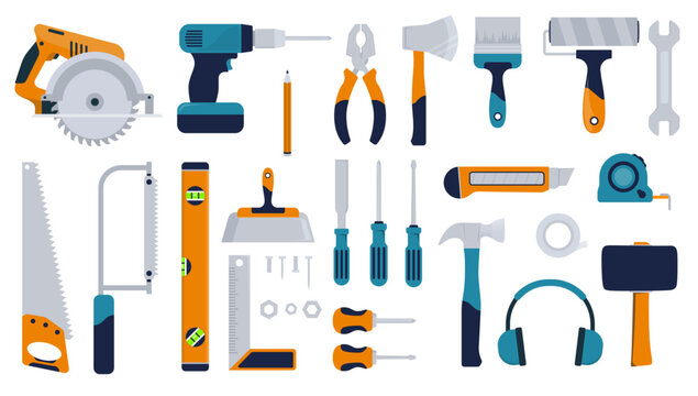 Carpentry and construction tools vector set in blue and yellow colours. Various hammer, saw, pliers, nails, spirit level, paintbrush and more. Flat design collection on white background
