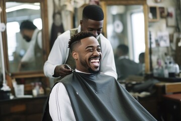 Black man sitting at a barbershop getting haircut smiling