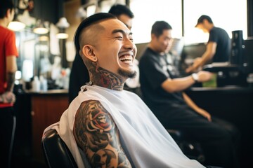 Asian man sitting at a barbershop getting haircut smiling - obrazy, fototapety, plakaty