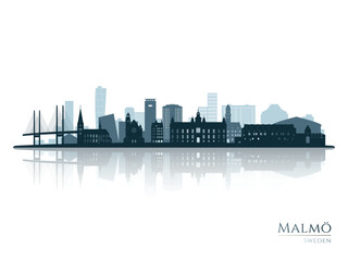 Malmo skyline silhouette with reflection. Landscape Malmo, Sweden. Vector illustration.