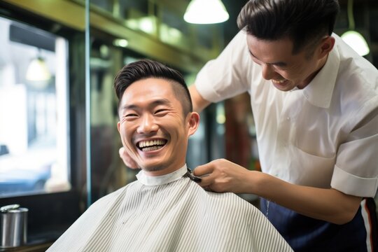 Asian man sitting at a barbershop getting haircut smiling