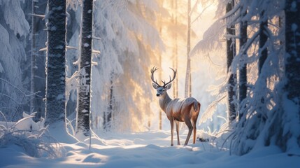A deer standing in the middle of a snowy forest.