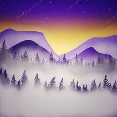 Mountains Pine Forest Landscape View with Sea of Fog on Starry Night Sky Graphic Wallpaper Background	