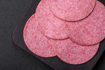 Delicious smoked salami sausage with salt, spices and herbs