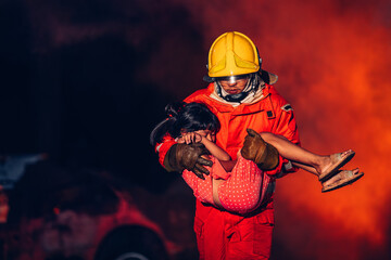Firefighter in Action, Protecting People from Fire and Smoke. Fearless Firefighter Rescues Girl...