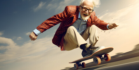 Cool elderly male dressed in jeans riding skateboard