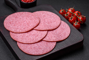 Delicious smoked salami sausage with salt, spices and herbs