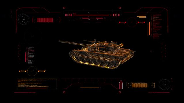 Digital Blueprint Scan of Russian Army Main Battle (MBT) T80 Tank. Futuristic User Interface HUD . Military Reconnaissance 360 View.