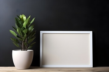 Blank white frame with plant pot isolated mock up on black background