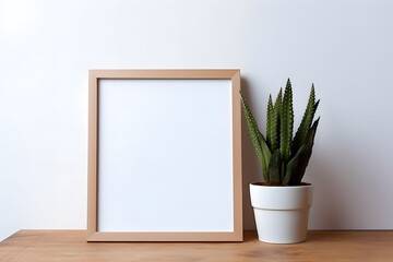 Blank white frame with plant pot isolated mock up on white background