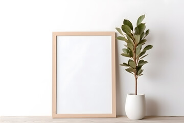 Fototapeta na wymiar Blank white frame with plant pot isolated mock up on white background