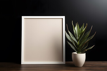 Blank white frame with plant pot isolated mock up on black background