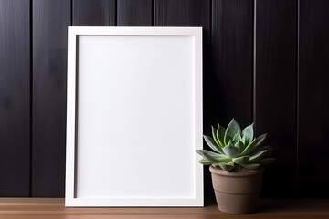 Blank white frame with plant pot isolated mock up on black background