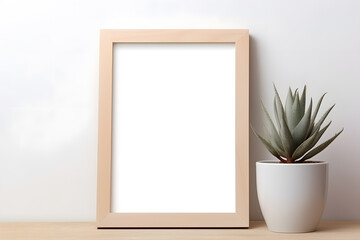 Fototapeta na wymiar Blank white frame with plant pot isolated mock up on white background