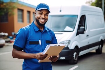 A cheerful delivery young man in a blue uniform holding a delivery list, checking a list on a clipboard. - Powered by Adobe