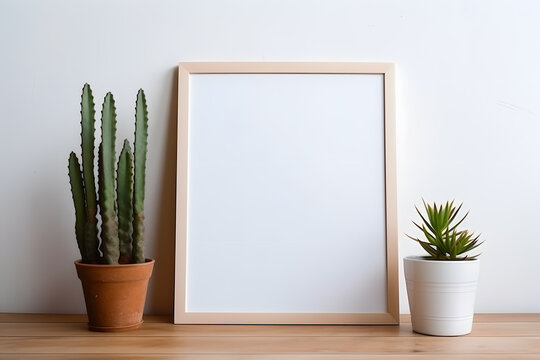 Blank white frame with plant pot isolated mock up on white background