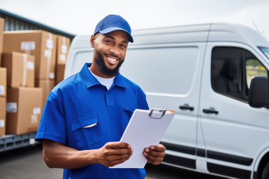 A cheerful delivery young man in a blue uniform holding a delivery list, checking a list on a clipboard. - Powered by Adobe