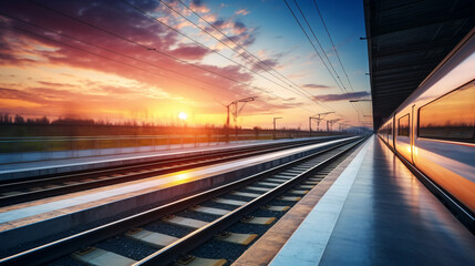 With a focus on movement, the railway blurs into the backdrop, emphasizing the theme of transportation..