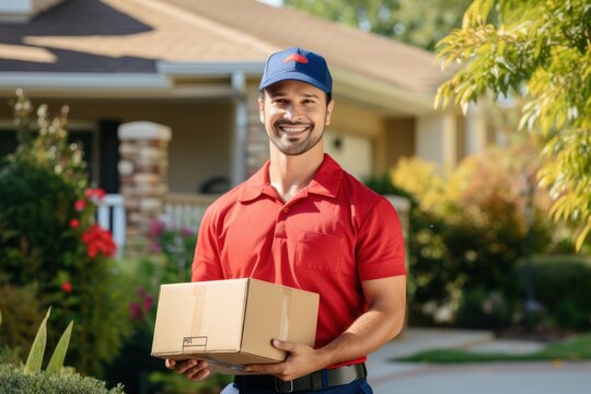 A cheerful delivery man in a red uniform holding a cardboard box standing in front of a customer's home