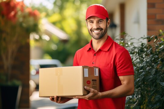 A cheerful delivery man in a red uniform holding a cardboard box standing in front of a customer's home