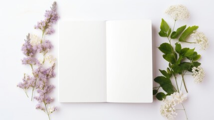 An open book with a blank page surrounded by flowers