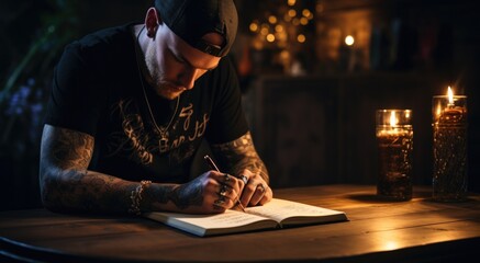 Fototapeta na wymiar A man sitting at a table writing in a book