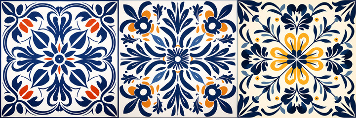 A beautiful baroque-style ceramic tile design with a blue and white flower pattern and a large central frame, perfect for a ceiling background. - obrazy, fototapety, plakaty