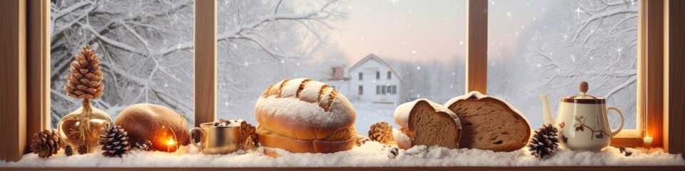 A window sill filled with bread and other holiday decorations