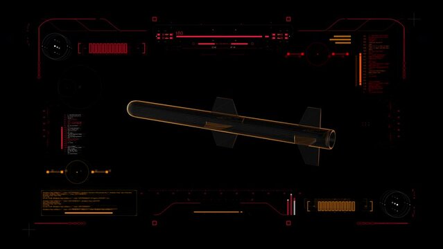 Digital Blueprint Scan of AGM-84HK SLAM-ER Advanced Stand Off Precision-Guided, Air-Launched Cruise Missile. Futuristic User Interface HUD. Military Reconnaissance 360 View. 