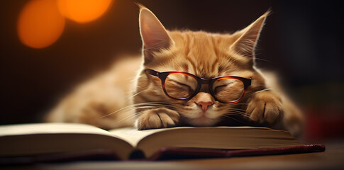 Cute cat with glasses sleeping on top of open book - obrazy, fototapety, plakaty
