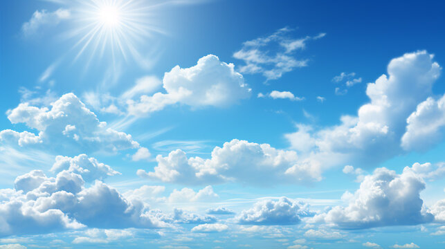 A vivid background of blue sky and cottony white clouds with the pleasant sun...A radiant backdrop of azure sky and puffy white clouds accompanied by the luminous sun.