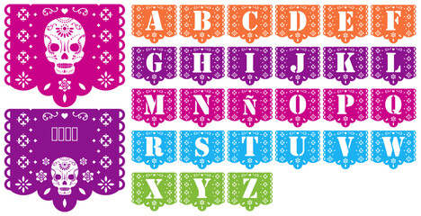 Papel picado con las letras del abecedario y con una calavera, en diferentes colores y donde puedes poner tu propio texto