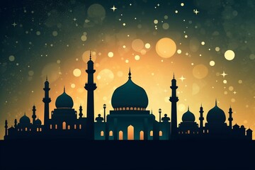 Eid celebration, mosque and crescent moon. Generative AI
