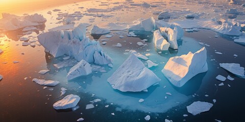  Aerial View of an Ice Floe with Towering Icebergs, Where a Sailboat and Icebreaker Venture Through the Frozen Waters, Spotlighting Environmental Concerns like Melting Ice, CO2 Emissions - obrazy, fototapety, plakaty