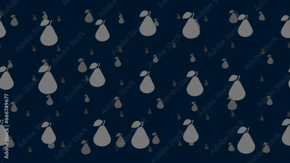 Poster Pear symbols float horizontally from left to right. Parallax fly effect. Floating symbols are located randomly. Seamless looped 4k animation on dark blue background