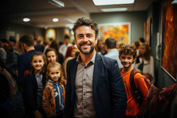 Confident man with children enjoying an art gallery event, surrounded by vibrant paintings and visitors. - obrazy, fototapety, plakaty