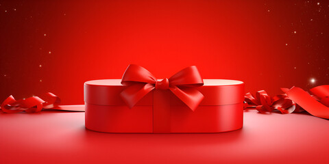 RedChristmas Gift Box with Festive Decorations on red Background Perfect for Christmas, New Year, Birthday. Generative AI
