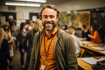 Confident middle-aged male teacher with a warm smile in a bustling classroom filled with engaged students. - obrazy, fototapety, plakaty