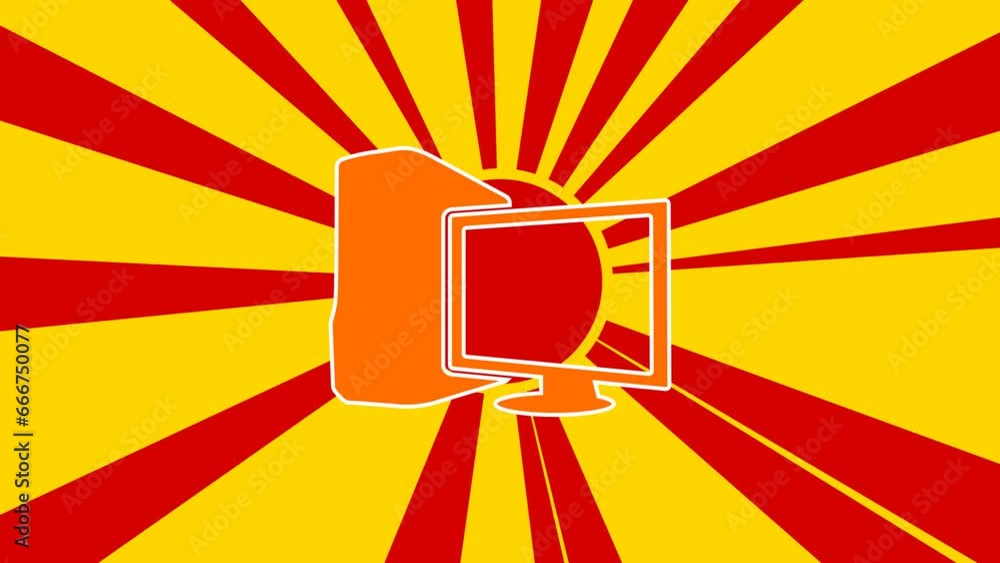 Poster desktop symbol on the background of animation from moving rays of the sun. large orange symbol incre