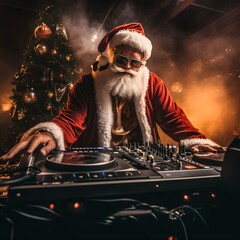 Funny Santa Claus DJ is playing music on a turntable in a nightclub. Christmas and New Year concept. 
