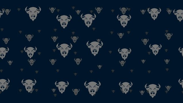 Buffalo logos float horizontally from left to right. Parallax fly effect. Floating symbols are located randomly. Seamless looped 4k animation on dark blue background