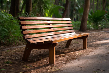 A bench in a park with tree and grass, bench in a garden on a sunny day outside